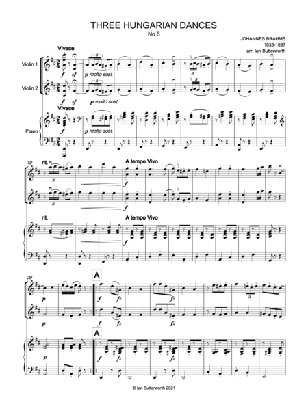 BRAHMS Three Hungarian Dances arranged for 2 violins & piano image number null