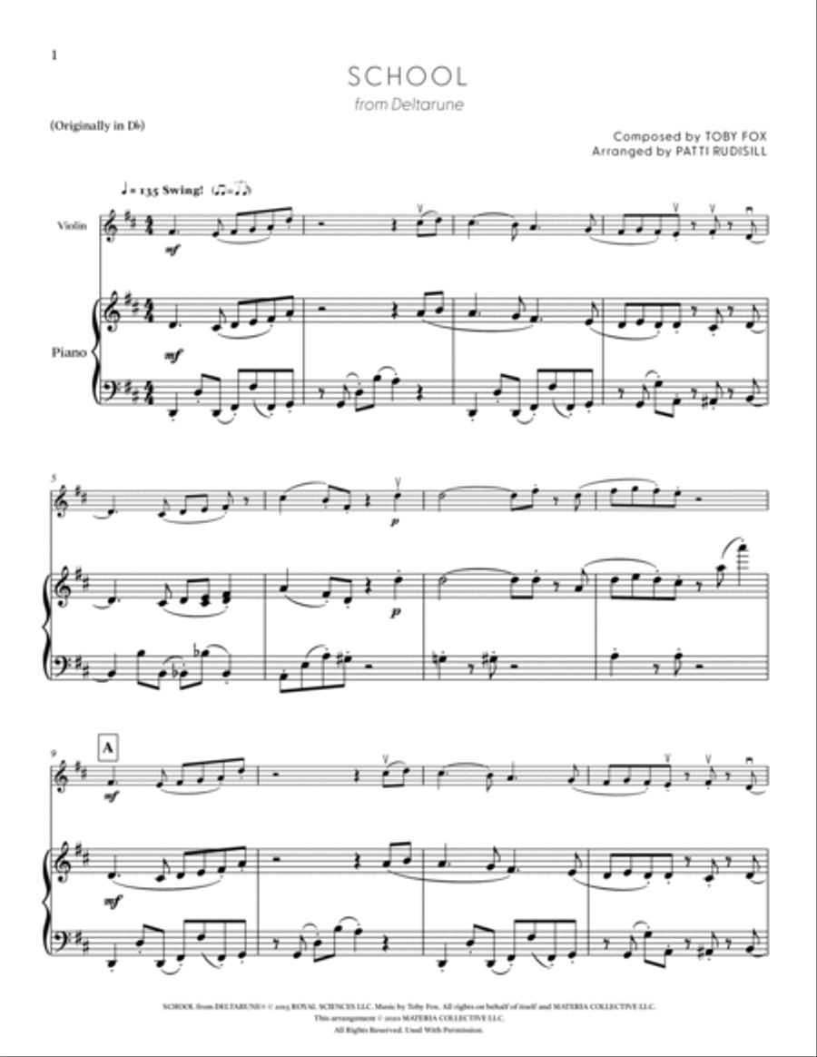 School (from DELTARUNE) (for Solo Violin with Piano Accompaniment) Violin Solo scores gallery preview page 2