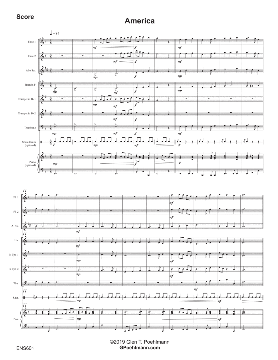 MY COUNTRY 'TIS OF THEE - MIXED ENSEMBLE with optional Piano & Snare Drum