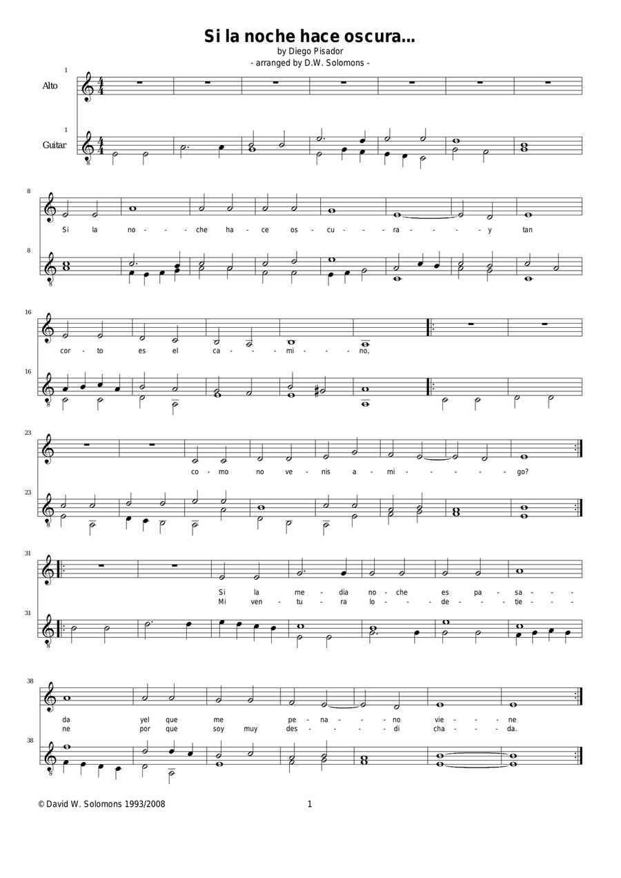 Si la noche hace oscura (alto voice and guitar) Classical Guitar scores gallery preview page 1