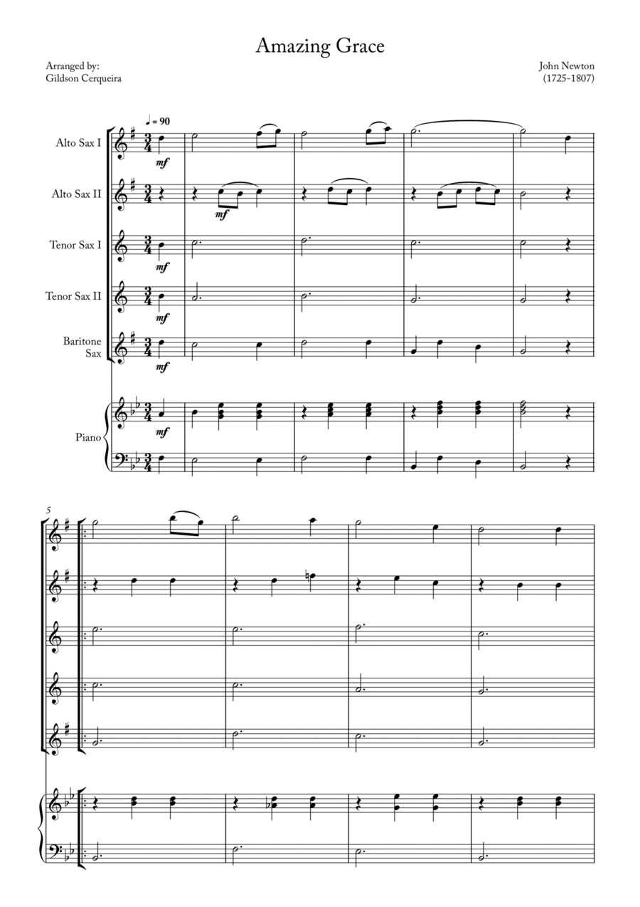 Amazing Grace Saxophone Quintet scores gallery preview page 1