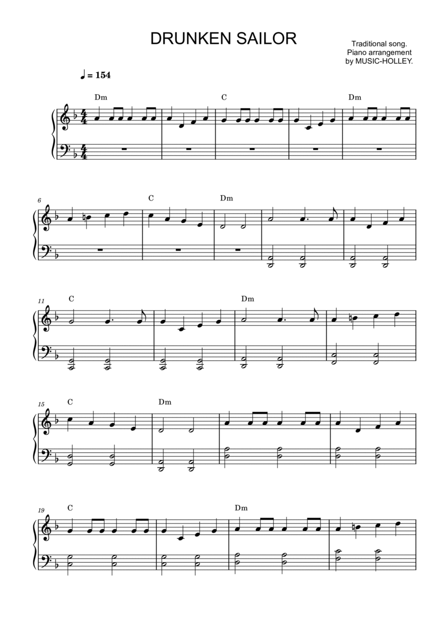 Traditional song - Drunken Sailor (easy piano sheet) Small Ensemble scores gallery preview page 1