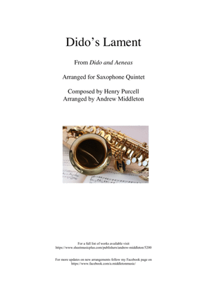 Book cover for Dido's Lament arranged for Saxophone Quintet
