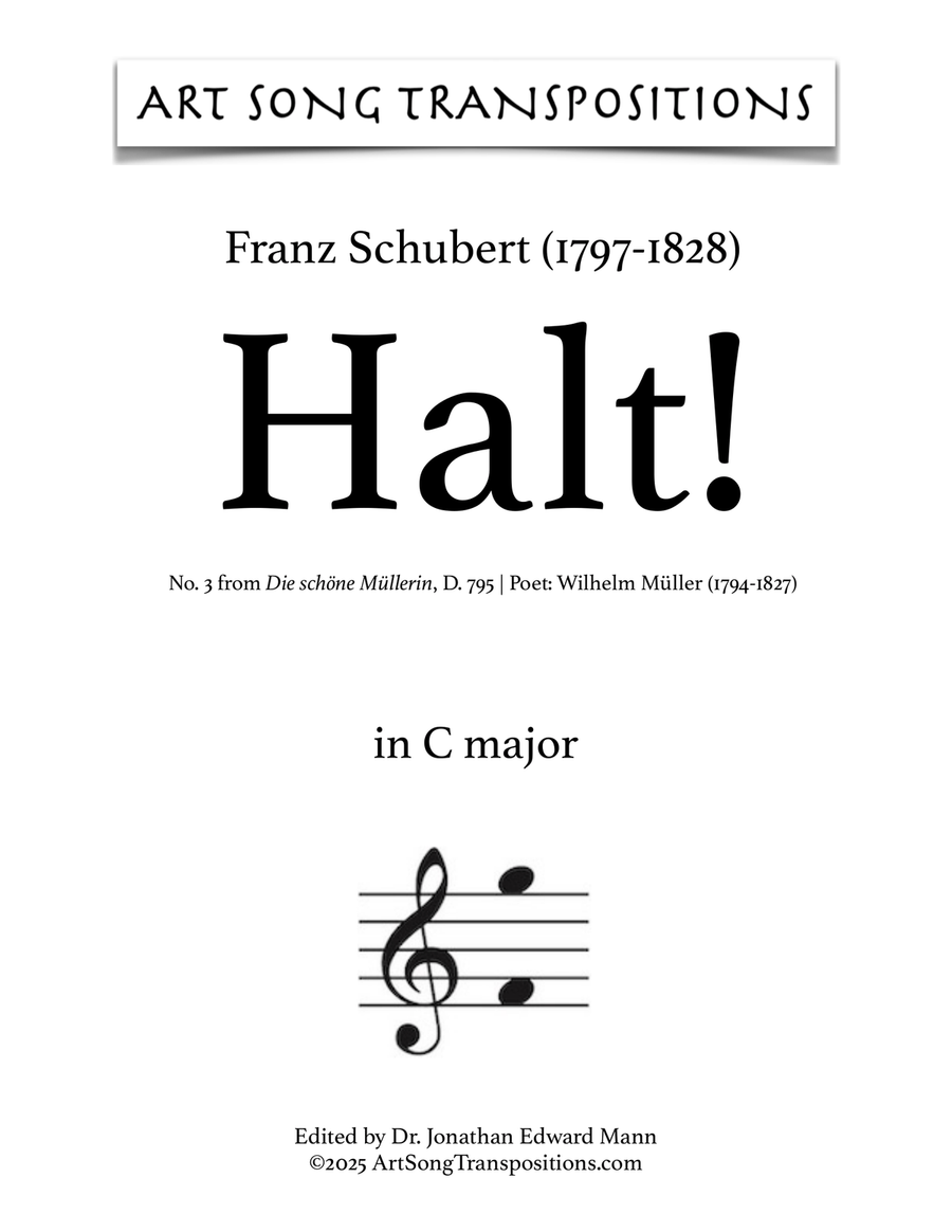SCHUBERT: Halt! D. 795 no. 3 (transposed to 6 keys: C, B, B-flat, A, A-flat, G major) Piano, Vocal scores gallery preview page 1
