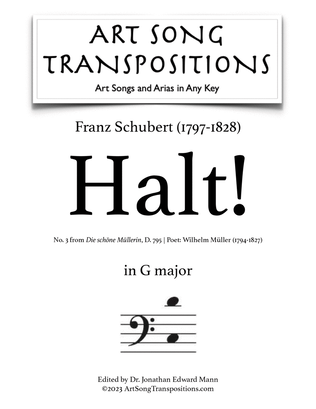 Book cover for SCHUBERT: Halt! D. 795 no. 3 (transposed to G major, bass clef)