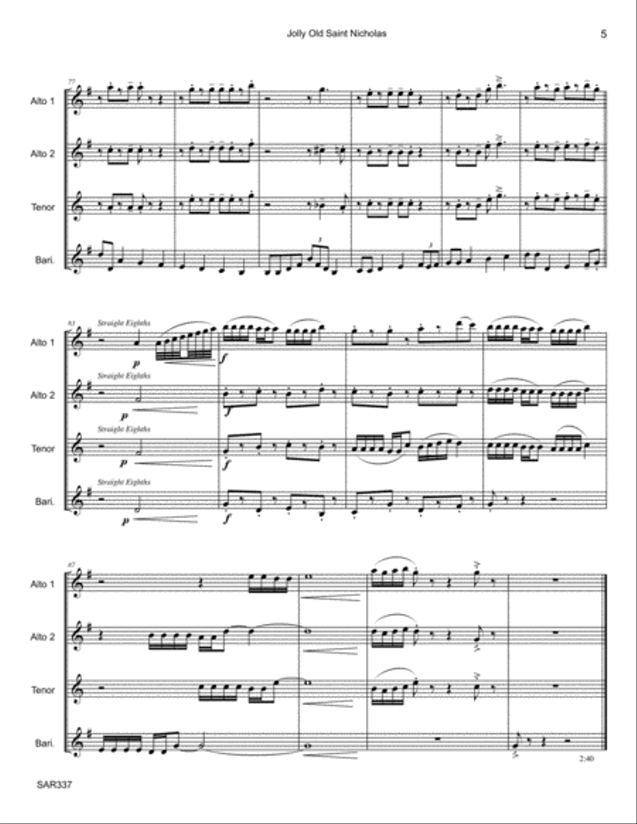 JOLLY OLD SAINT NICHOLAS for unaccompanied SAXOPHONE QUARTET (SATB or AATB) Saxophone Quartet scores gallery preview page 5