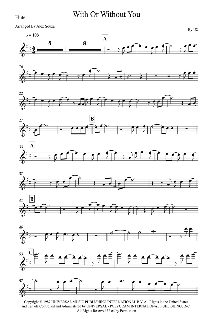 With Or Without You Flute Solo scores gallery preview page 1