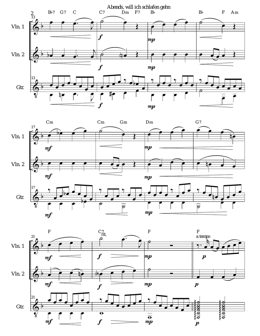 Abendsegen (Abends will ich schlafen gehn) for 2 violins and guitar String Duet scores gallery preview page 2