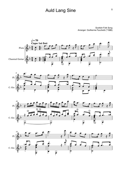 Scottish Folk Song - Auld Lang Sine. Arrangement for Flute and Classical Guitar. Score and Parts. image number null