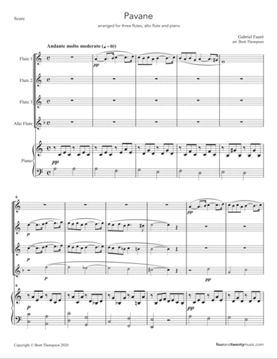 Pavane, Op 50, arranged for flute choir / ensemble and piano Flute Choir scores gallery preview page 2