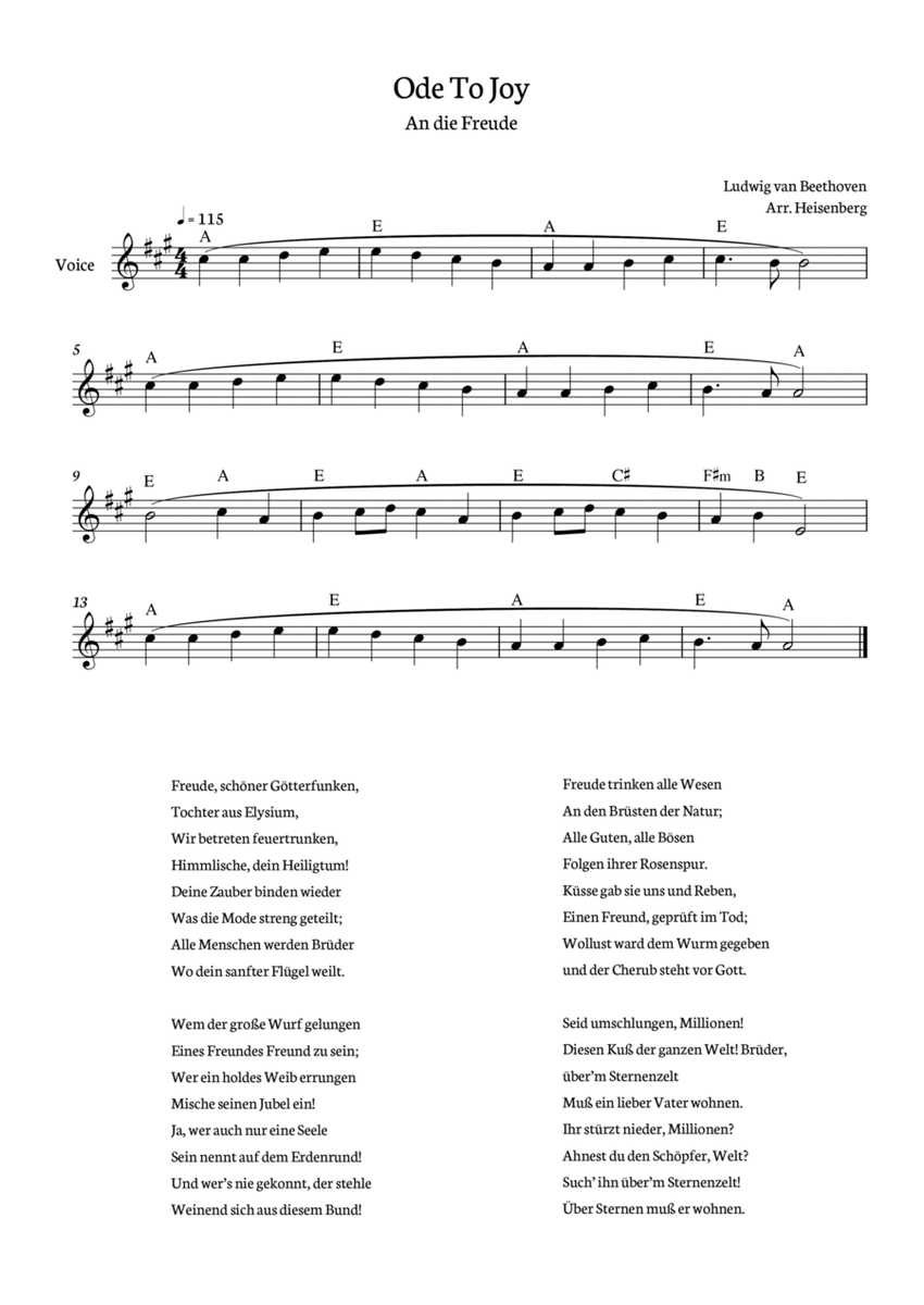 Beethoven - Ode To Joy for voice with chords in A (Lyrics in German) image number null