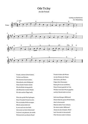Book cover for Beethoven - Ode To Joy for voice with chords in A (Lyrics in German)
