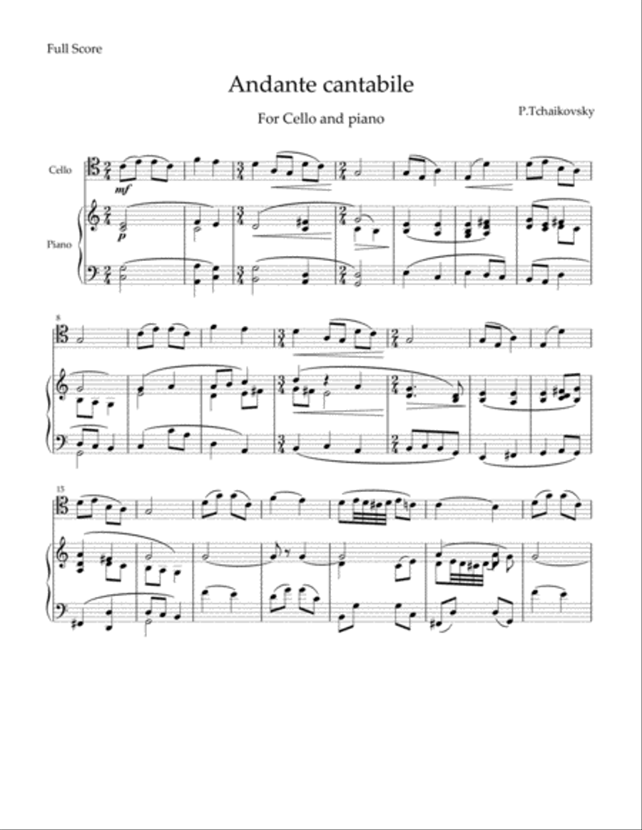 Tchaikovsky - Andante Cantabile, Op.11 for cello and piano Piano scores gallery preview page 1