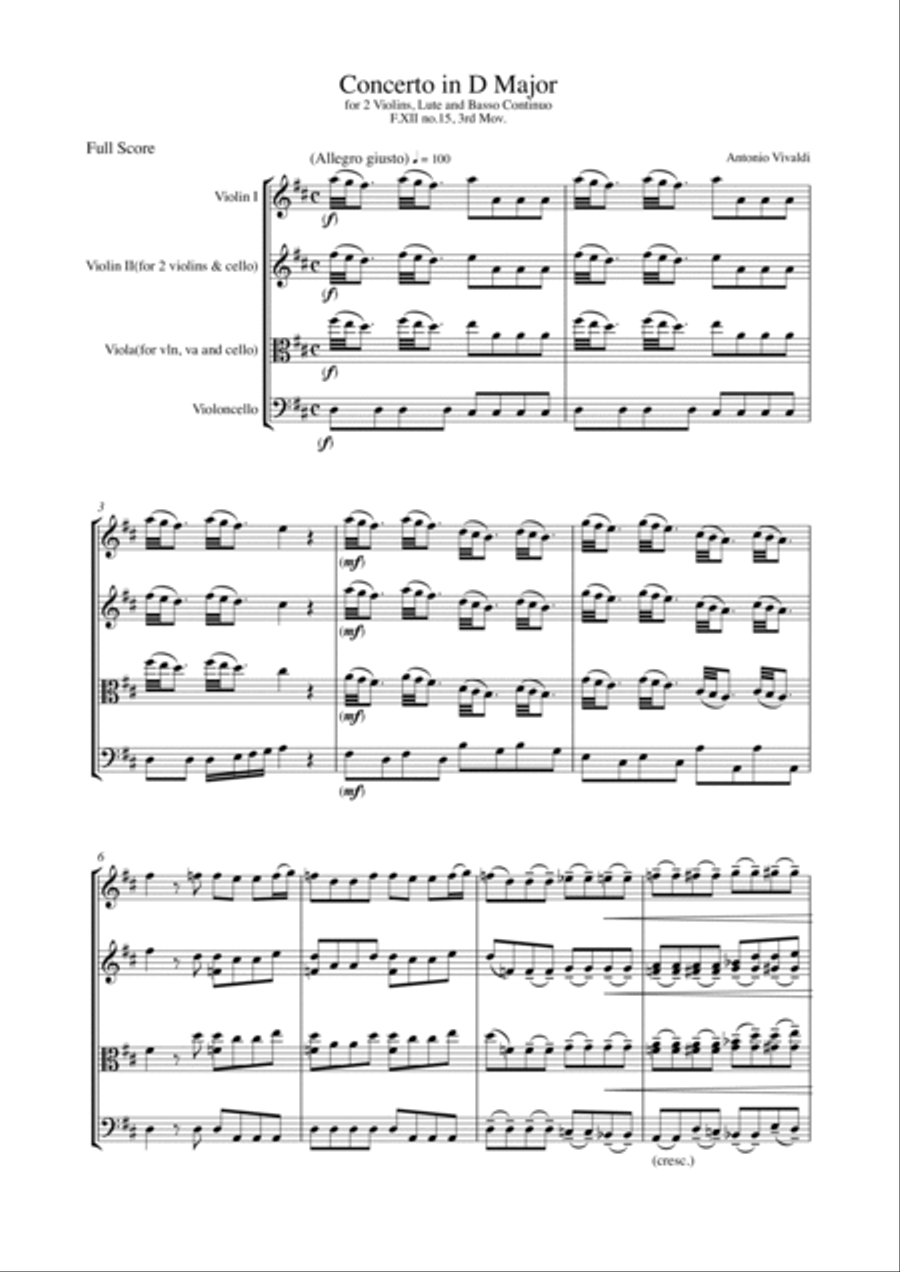CONCERTO IN D MAJOR FOR 2 VIOLINS, LUTE AND BASSO CONTINUO, F.XII NO.15, 3rd Mov., STRING TRIO String Trio scores gallery preview page 4