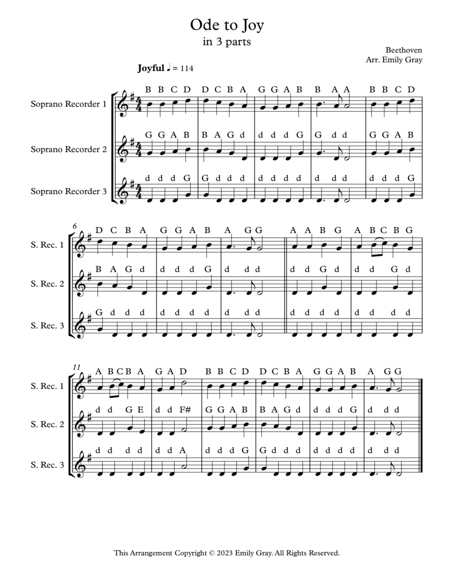 Ode To Joy (Recorders in 3 Parts) 3-Part scores gallery preview page 1