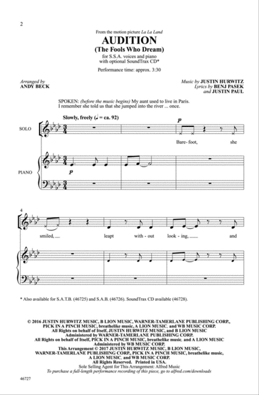 Audition (The Fools Who Dream) Choir scores gallery preview page 1