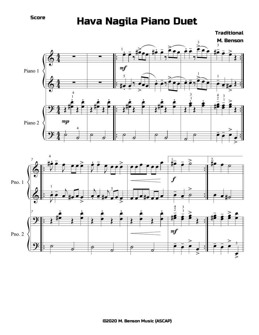 Hava Nagila Piano Duet Piano Duet scores gallery preview page 1