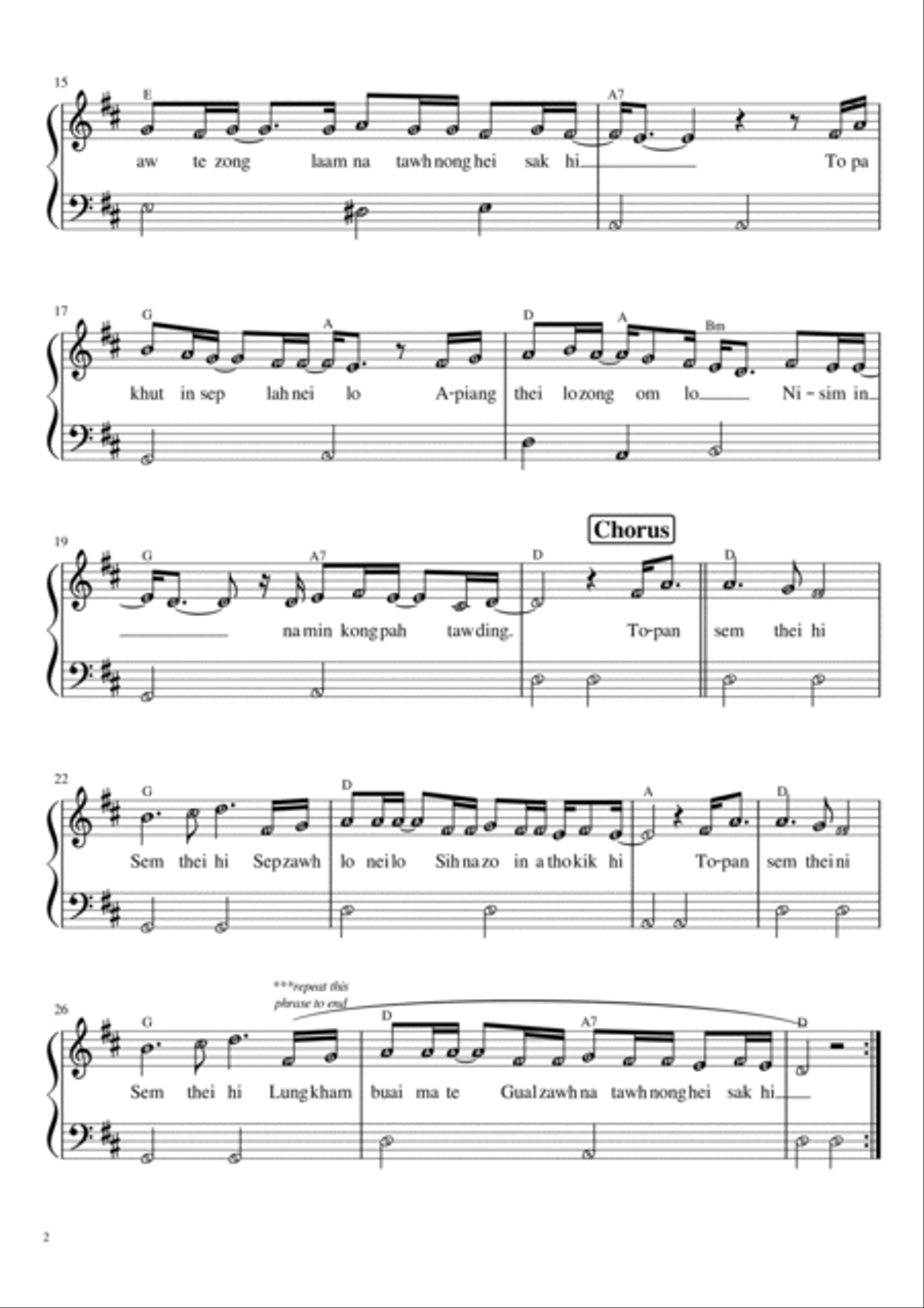 Topan Sem Thei Hi (Zomi Worship Song) | Piano Solo with note names, chords and lyrics Easy Piano scores gallery preview page 2