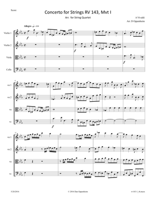 Book cover for Vivaldi: Concerto for Strings RV 143 Mvt I arr. for String Quartet
