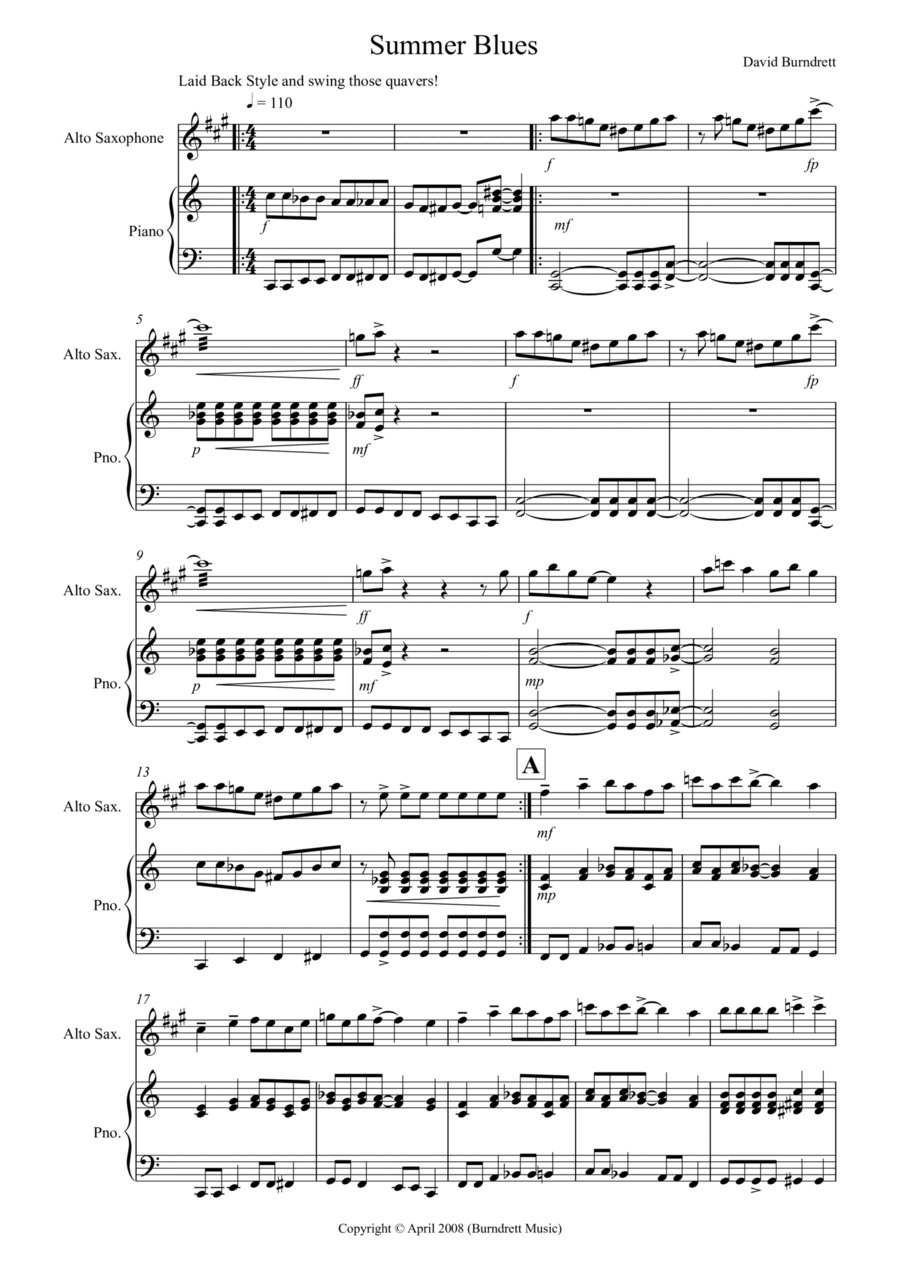 Summer Blues for Alto Saxophone and Piano Soprano Saxophone scores gallery preview page 1