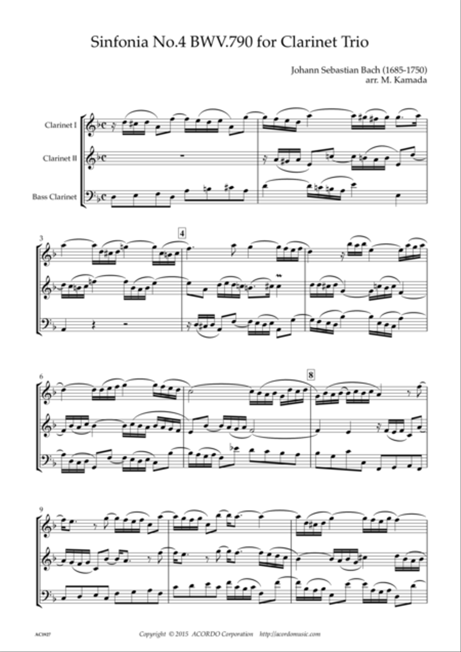 Sinfonia No.4 BWV.790 for Clarinet Trio Clarinet Trio scores gallery preview page 1