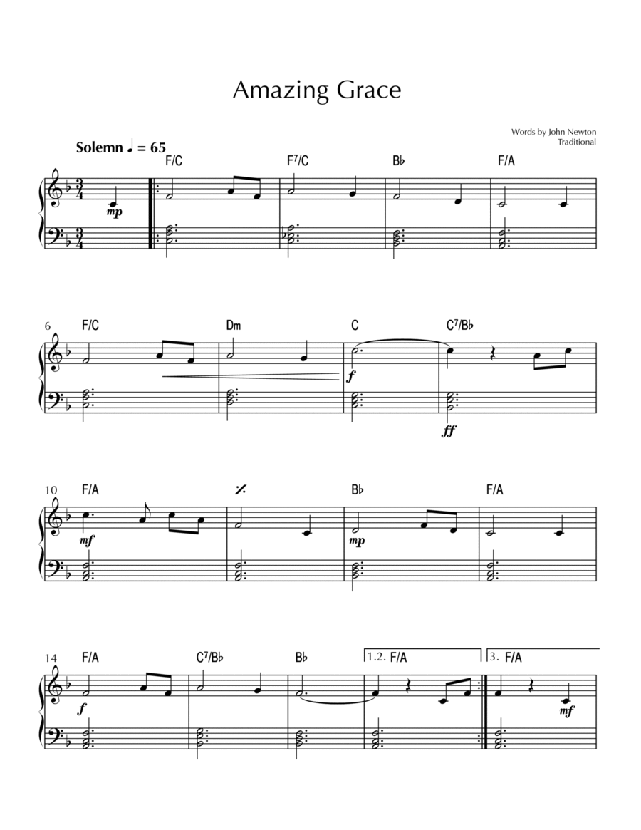 Amazing Grace - Easy Piano in F Major (with Chord Symbols) image number null
