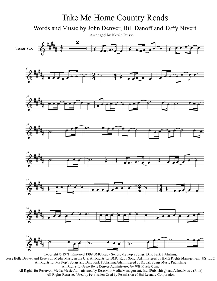 Take Me Home, Country Roads Tenor Saxophone scores gallery preview page 1