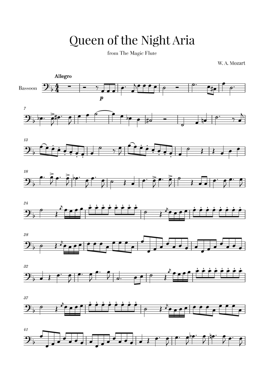 W. A. Mozart - Queen of the Night Aria (for Bassoon) Woodwind Duet scores gallery preview page 1