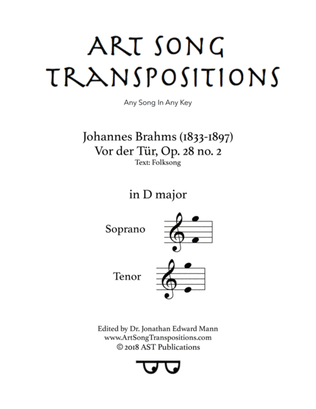Book cover for BRAHMS: Vor der Tür, Op. 28 no. 2 (transposed to D major)