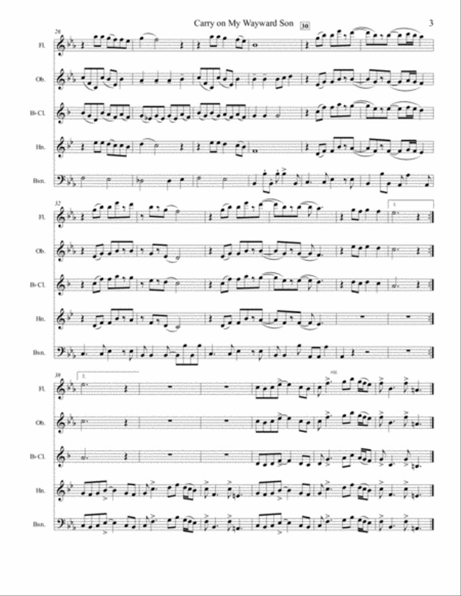 Carry On Wayward Son Woodwind Quintet scores gallery preview page 3