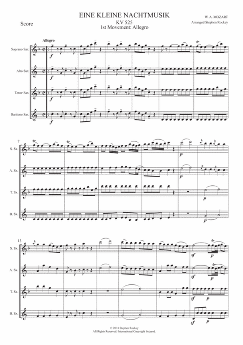 Eine Kleine Nachtmusik 1st Movement Allegro for Saxophone Quartet image number null