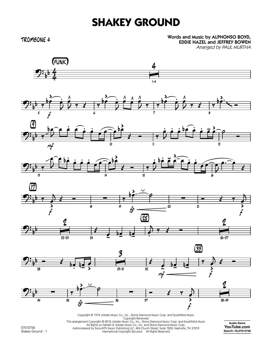 Shakey Ground (arr. Paul Murtha) - Trombone 4 Jazz Ensemble scores gallery preview page 1
