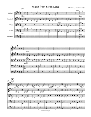 Waltz from Swan Lake by Tchaikovsky arranged for string quartet with optional bass part; score & par