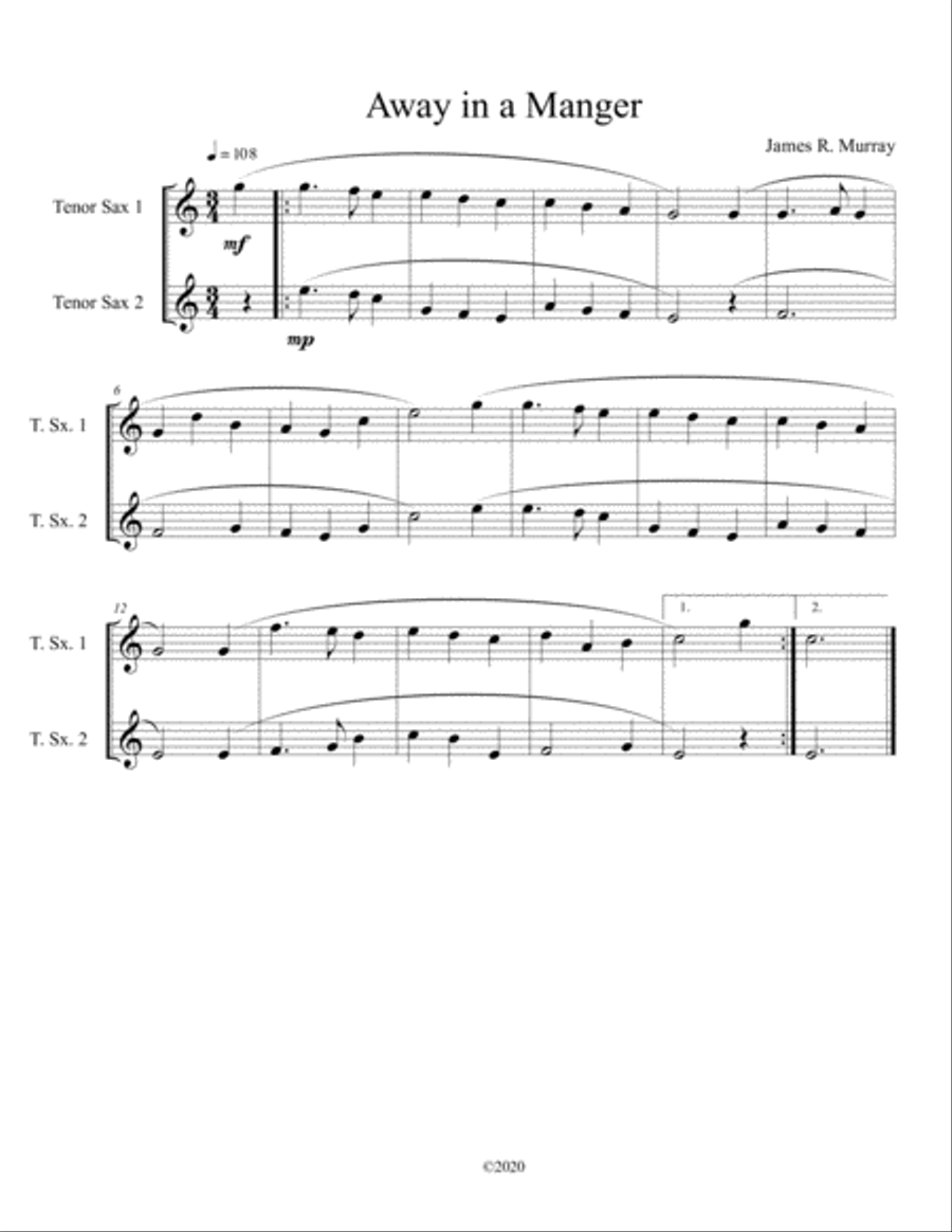 Away in a Manger ( tenor sax duet) Woodwind Duet scores gallery preview page 1
