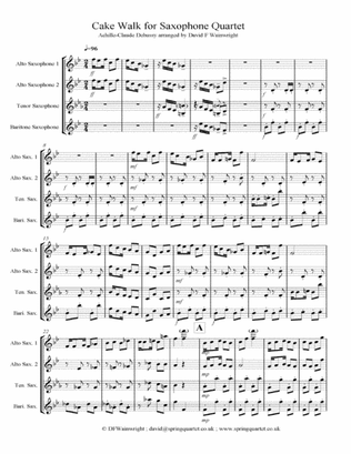 Cakewalk by Claude Debussy arranged for Saxophone Quartet with score & parts