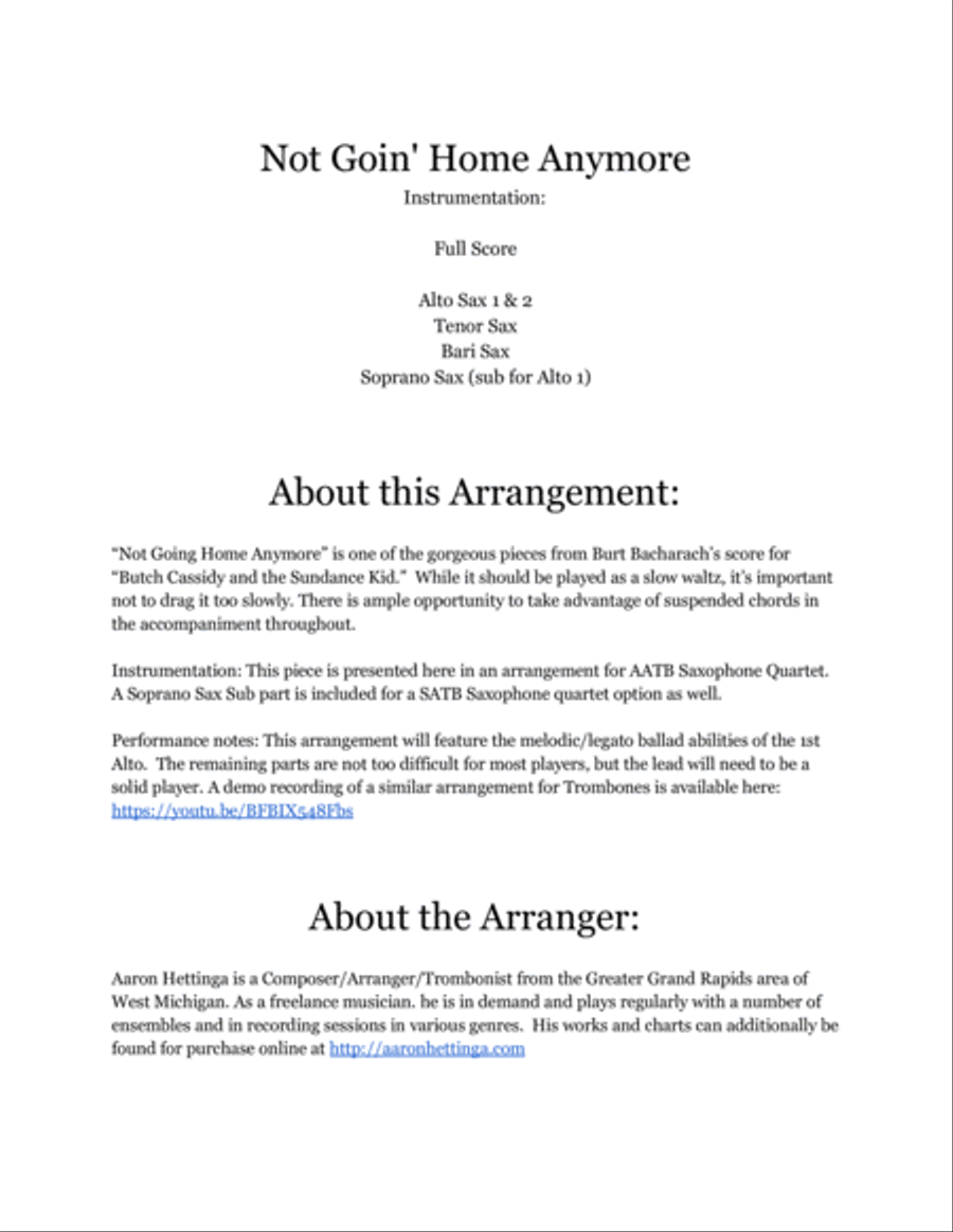 Not Goin' Home Anymore Saxophone Quartet scores gallery preview page 2