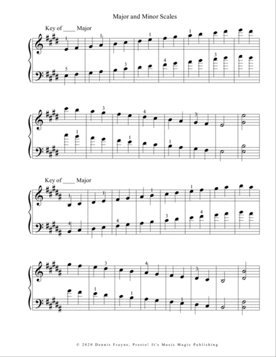 SCALES, Major and Minor Scales (C, G, D, A, E, B, F) Two Octaves (standard notation) Piano Method scores gallery preview page 3