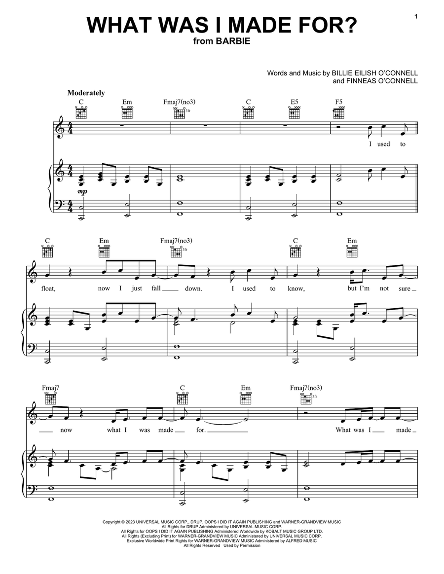 What Was I Made For? (from Barbie) Piano, Vocal, Guitar scores gallery preview page 1