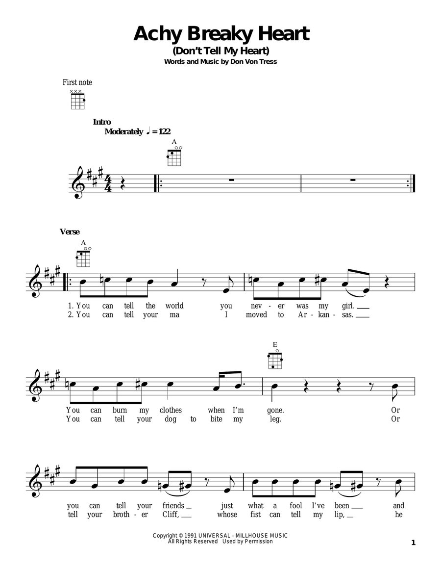 Achy Breaky Heart (Don't Tell My Heart) Ukulele scores gallery preview page 1