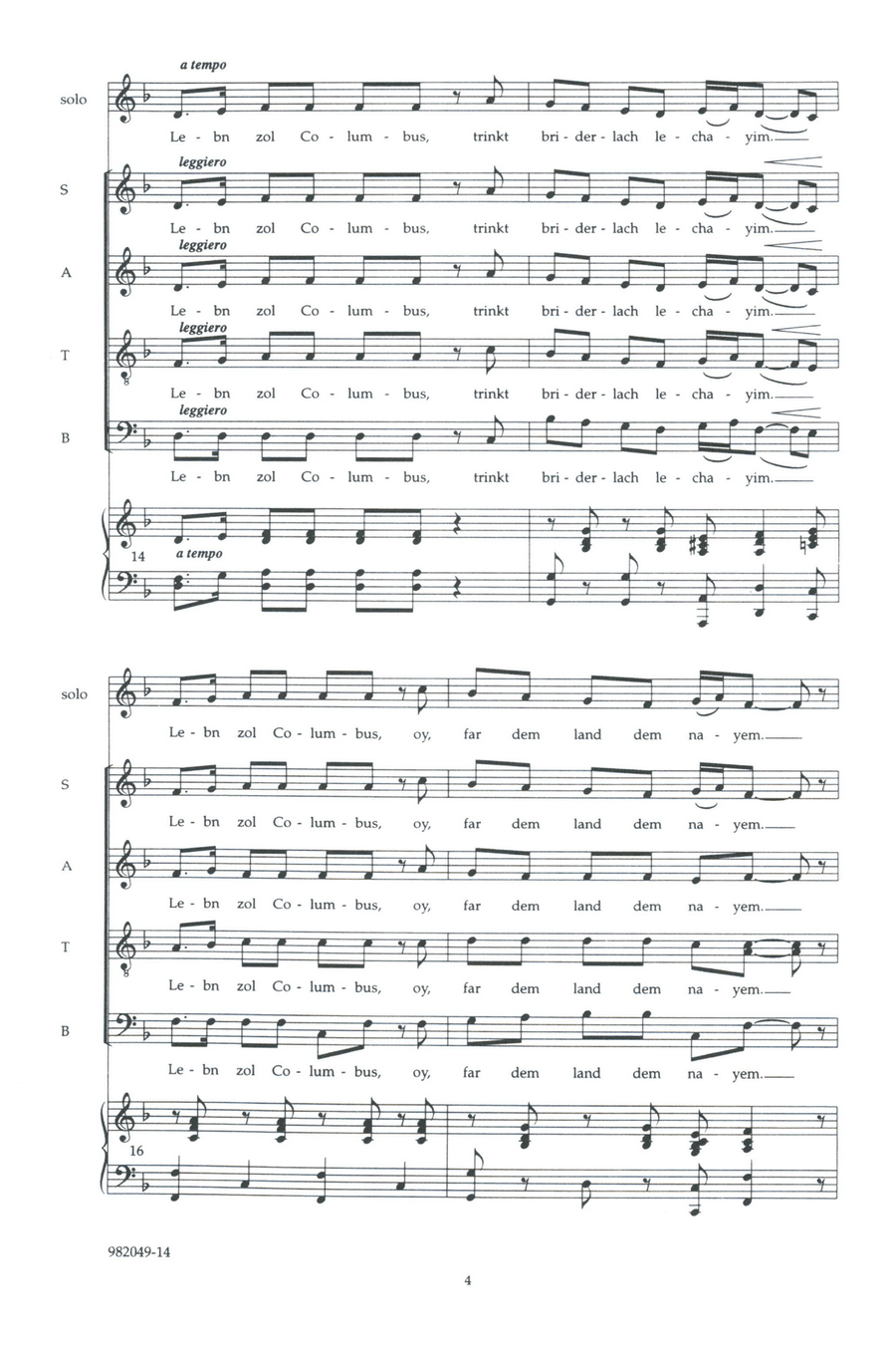 Lebn Zol Columbus Solo (high), Piano 4-Part - Digital Sheet Music page 2