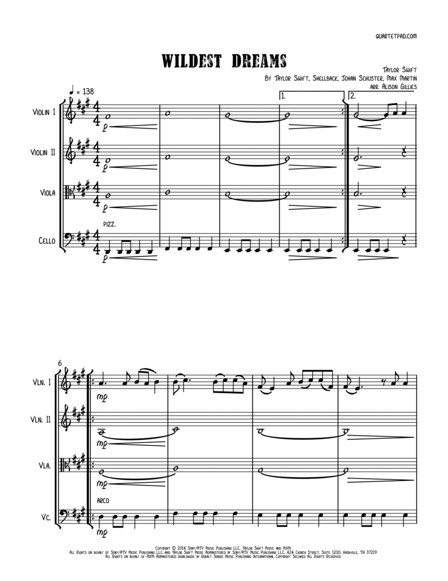Wildest Dreams String Quartet scores gallery preview page 1