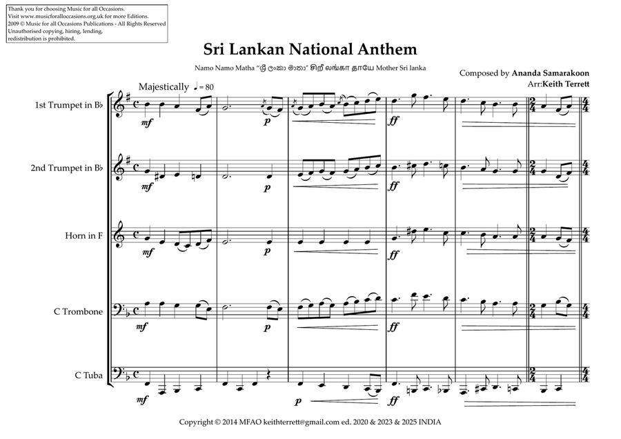 Sri Lankan National Anthem for Brass Quintet (World National Anthem Series) Brass Quintet scores gallery preview page 2