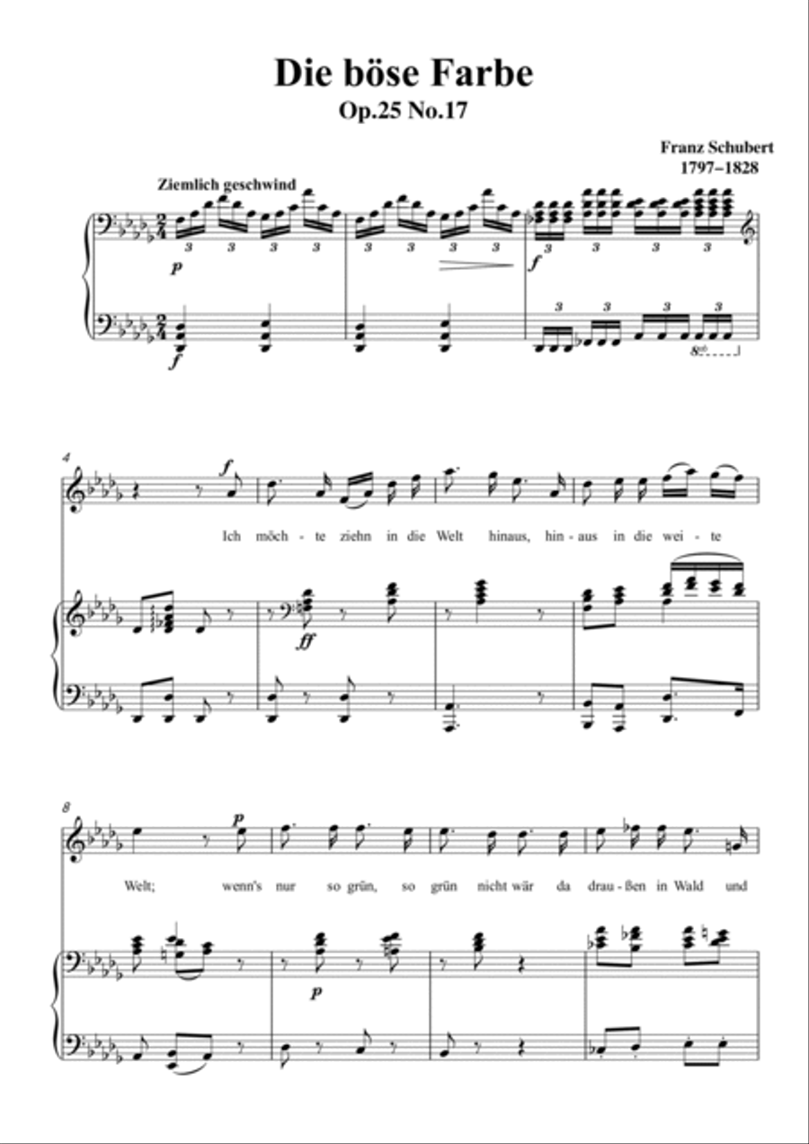 Schubert-Die böse Farbe,from 'Die Schöne Müllerin',Op.25 No.17 in bD for Vocal and Piano Voice scores gallery preview page 2