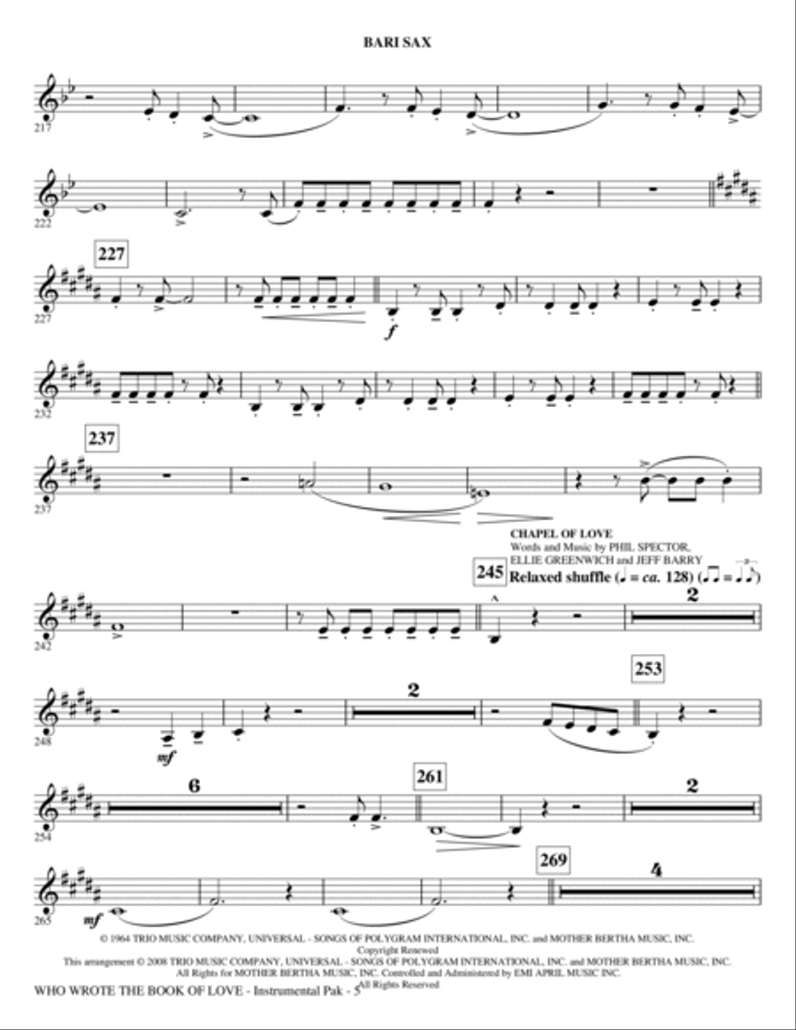 Who Wrote The Book Of Love? (Choral Medley) - Baritone Sax Choir scores gallery preview page 5