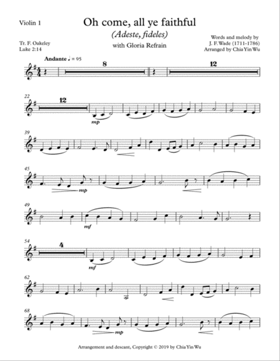 Oh Come, All Ye Faithful, with Gloria Refrain (Violin Part) Violin Solo scores gallery preview page 1