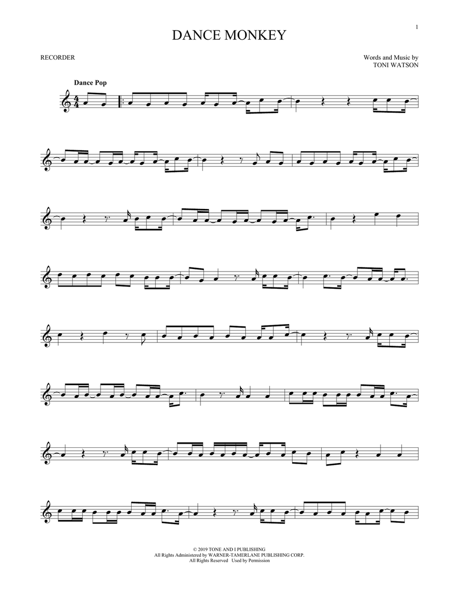 Dance Monkey Recorder scores gallery preview page 1