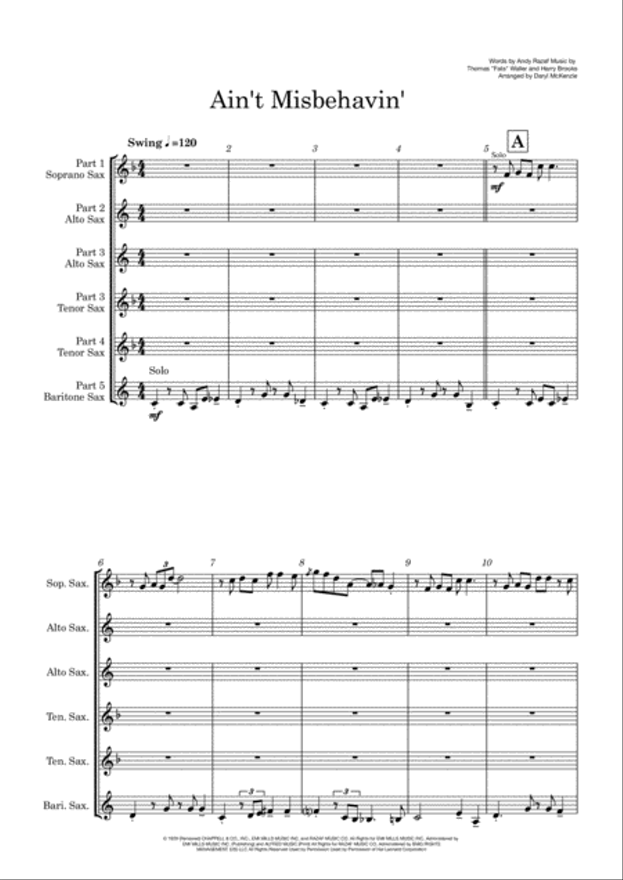 Ain't Misbehavin' Ain't Misbehavin' Saxophone Quintet scores gallery preview page 2