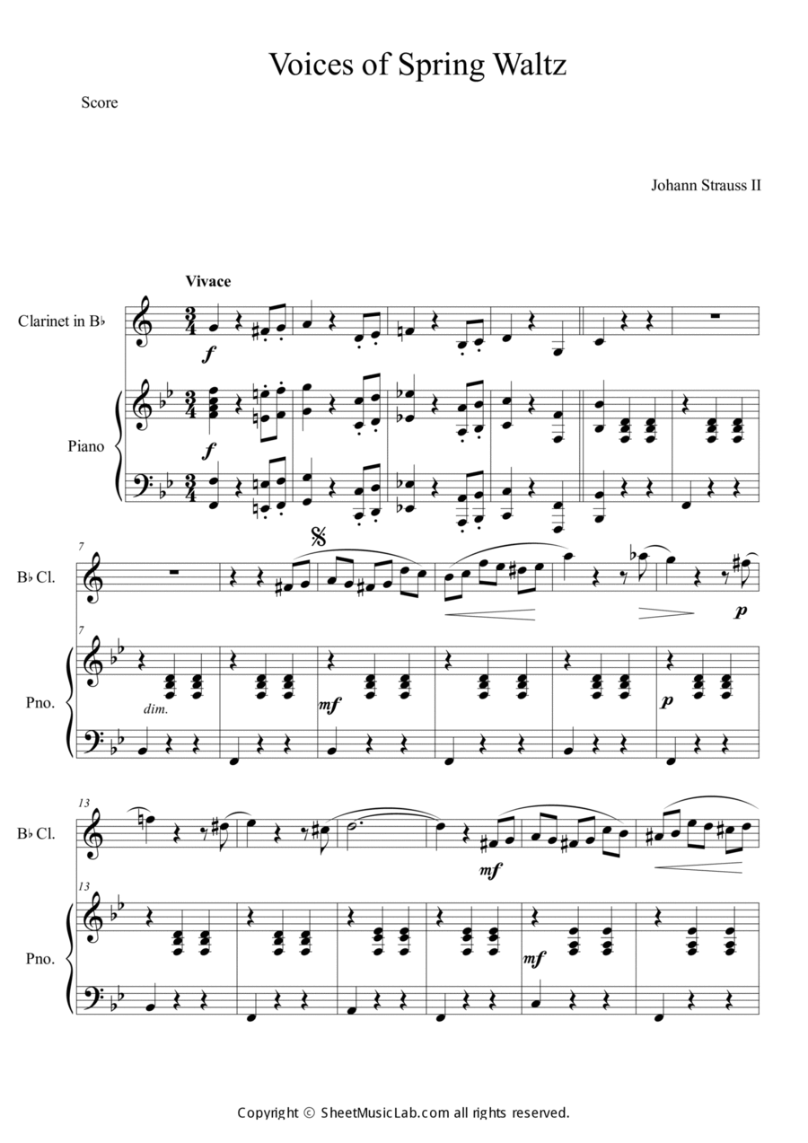 Voice of Spring Waltz Clarinet Solo scores gallery preview page 1