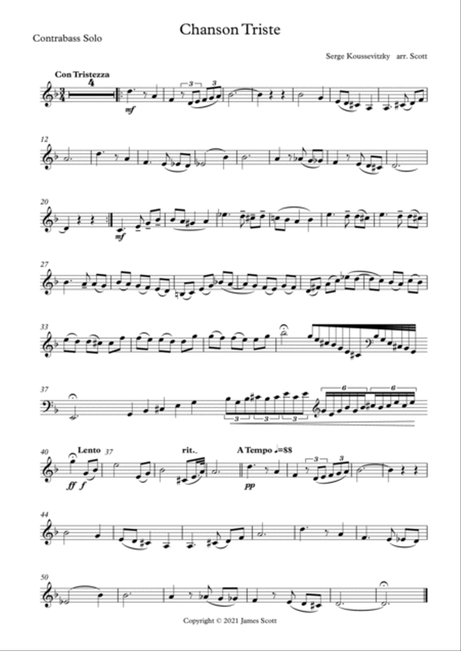 Chanson Triste arranged for solo double bass in solo tuning and string quartet/string orchestra String Quartet scores gallery preview page 5