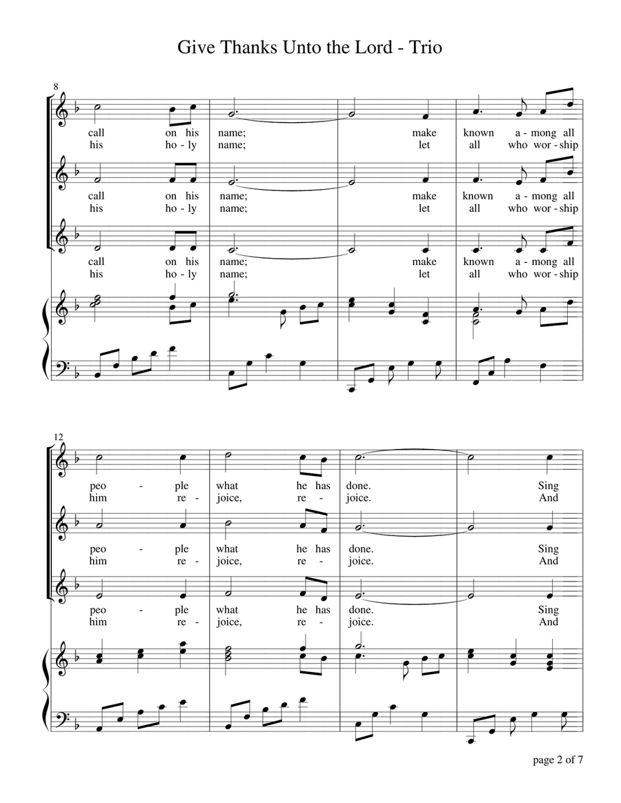 Give Thanks Unto the Lord (for SAA Trio with Piano Accompaniment) Small Ensemble scores gallery preview page 3